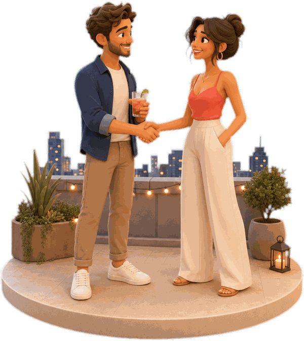 Zwei Menschen begrüßen sich auf einer Dachterrasse