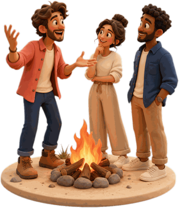 Drei Freunde erzählen am Lagerfeuer